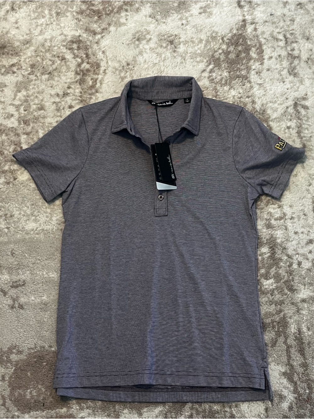 NWT TravisMathew Mens Small Grey Striped Golf Polo Shirt Cerveza Pacifico Clara